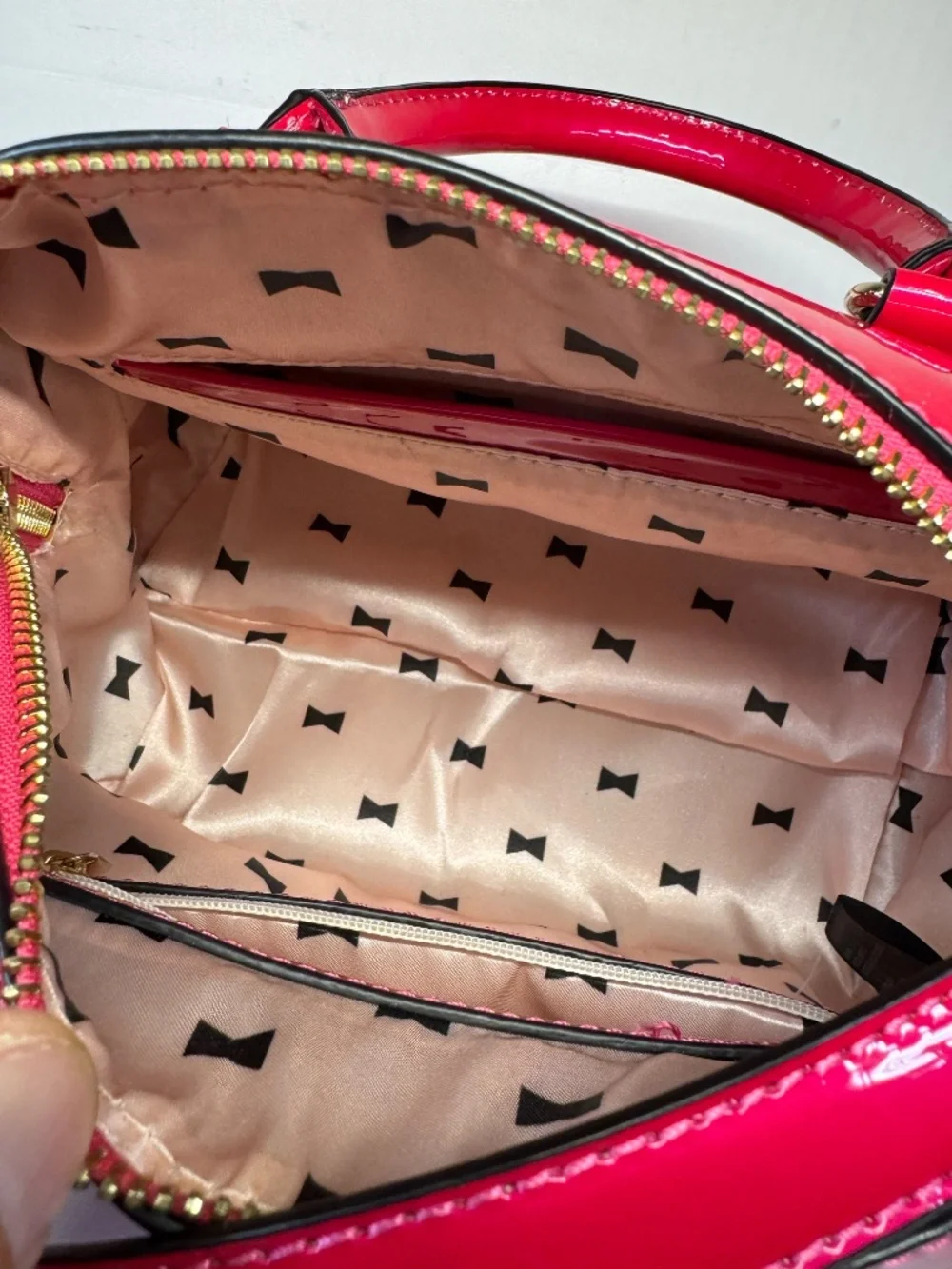 Hot Pink Patent Satchel Crossbody Bag Structured Top Handle Bow Lining